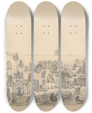 Triptych art skateboard deck of Flicien Rops The Beach At Blankenberghe by Felicien Rops (1833-1898)
