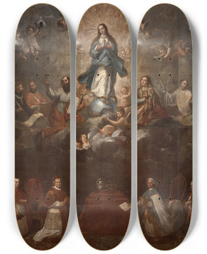 Triptych art skateboard deck of Francisco Antonio Vallejo Glorification Of The Immaculate Conception by Francisco Antonio Vallejo (1722-1785)