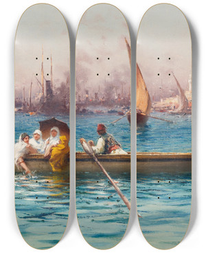 Triptych art skateboard deck of Fausto Zonaro Amusement On The Caique by Fausto Zonaro (1854-1929)