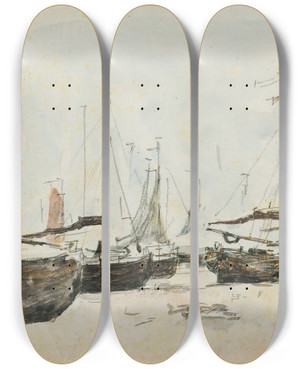 Triptych art skateboard deck of Eugne Boudin Les Bateaux by Eugene Boudin (1824-1898)