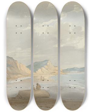 Triptych art skateboard deck of John Baverstock Knight The Beach At Charmouth by John Baverstock Knight (1785-1859)