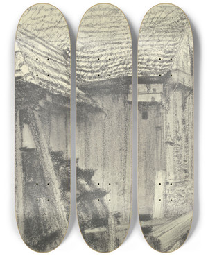 Triptych art skateboard deck of Adolph Von Menzel Water Mill by Adolph Von Menzel (1815-1905)