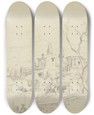 Triptych art skateboard deck of Friedrich Metz Landscape Near Florence_1 by Friedrich Metz (1820-1901)
