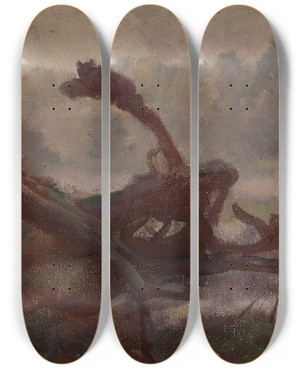 Triptych art skateboard deck of Jozef Chelmonski Deep Forest Windthrows Sketch For A Painting by Jozef Chelmonski (1849-1914)