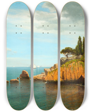 Triptych art skateboard deck of James Renwick Brevoort Inside Eastern Point Gloucester Bay by James Renwick Brevoort (1832-1918)