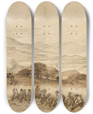 Triptych art skateboard deck of Claude Lorrain Landscape In Latium With Farm Laborers by Claude Lorrain (1604-1682)