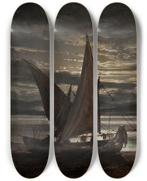 Triptych art skateboard deck of Johan Christian Dahl Vesuvius In Eruption Moonlight by Johan Christian Dahl (1788-1857)