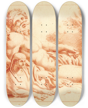 Triptych art skateboard deck of Cornelis Pronk Beeld Van De Riviergod_2 by Cornelis Pronk (1691-1759)