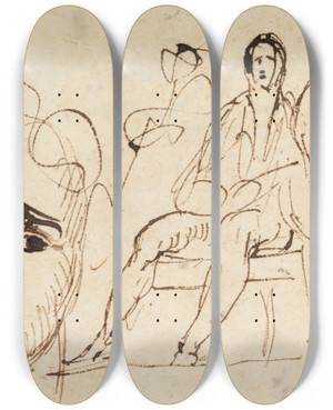 Triptych art skateboard deck of Benjamin Robert Haydon Portrait Sketch And Seated Figures by Benjamin Robert Haydon (1786-1846)