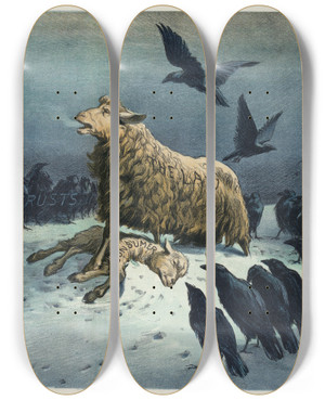 Triptych art skateboard deck of Udo Keppler Anguish by Udo Keppler (1872-1956)