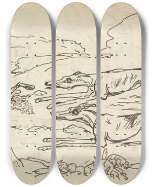 Triptych art skateboard deck of Thomas Bradshaw Hounds Chasing A Hare by Thomas Bradshaw (1767)
