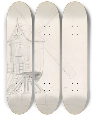 Triptych art skateboard deck of Adolph Tidemand Vindmlle Antwerpen by Adolph Tidemand (1814-1876)