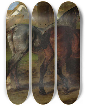 Triptych art skateboard deck of Rosa Bonheur Two Horses In A Stable by Rosa Bonheur (1822-1899)