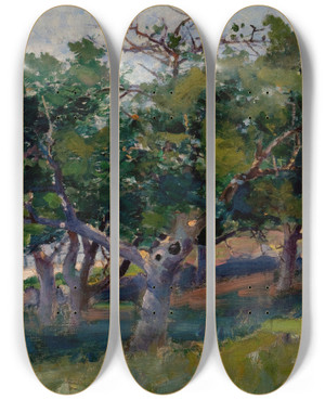 Triptych art skateboard deck of Arthur Cumming Landscape With Trees by Arthur Cumming (1847-1913)