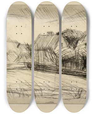 Triptych art skateboard deck of Henry Nielsen Huse Med Haver by Henry Nielsen (1907-1937)