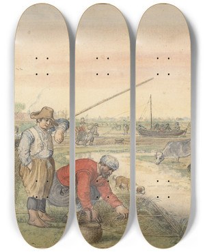 Triptych art skateboard deck of Hendrick Avercamp Landscape With Two Eel Fishermen By A Ditch by Hendrick Avercamp (1585-1634)