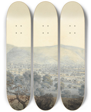 Triptych art skateboard deck of Moses Griffith Distant View Of Llandrillo by Moses Griffith (1747-1819)