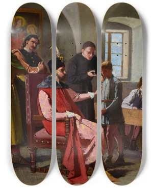 Triptych art skateboard deck of Antoni Gramatyka Stefan Batory Among Schoolboys by Antoni Gramatyka (1841-1922)