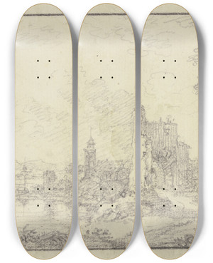 Triptych art skateboard deck of Franz Schtz Stdtchen An Einem Flu Mit Der Ruine Eines Torturmes by Franz Schutz (1751-1781)