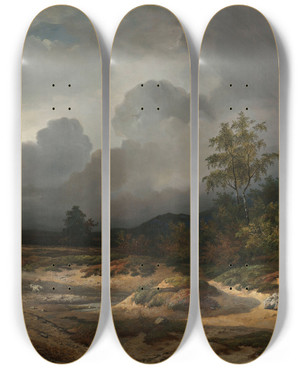 Triptych art skateboard deck of Willem Roelofs Landscape With A Thunderstorm Brewing by Willem Roelofs (1822-1897)