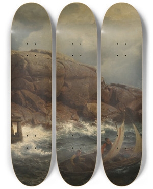 Triptych art skateboard deck of Hans Gude A Norwegian Seaport by Hans Gude (1825-1903)