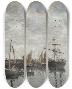 Triptych art skateboard deck of Eugne Boudin Portrieux Le Port by Eugene Boudin (1824-1898)