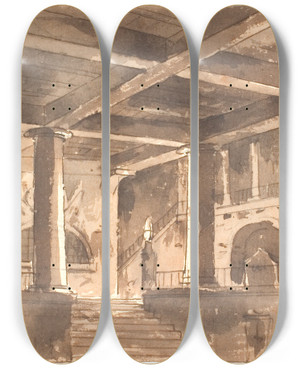 Triptych art skateboard deck of Aron Wallick Forhal Med Trappe Sjler Og Hvlvinger by Aron Wallick (1779-1845)