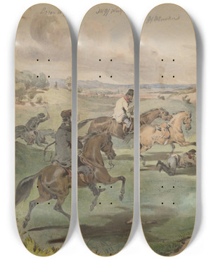 Triptych art skateboard deck of Friedrich Carl Von Scheidlin To Hunt by Friedrich Carl Von Scheidlin (1822-1913)