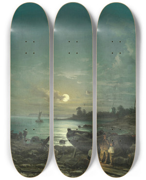 Triptych art skateboard deck of Anton Castell Moonlit Coastal Scene by Anton Castell