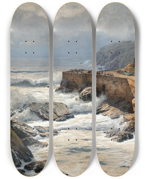 Triptych art skateboard deck of Alfred Zoff Riviera Breaking Waves In Boccadasse by Alfred Zoff (1852-1927)