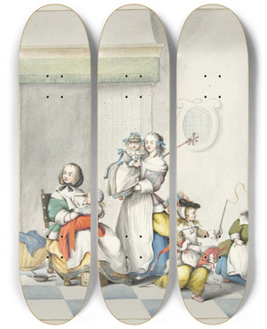 Triptych art skateboard deck of Gesina Ter Borch Kinderkamer Met Drie Vrouwen En Kinderen by Gesina Ter Borch (1633-1690)