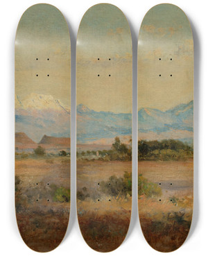 Triptych art skateboard deck of Jos Mara Velasco Los Volcanes Valle De Mxico by Jose Maria Velasco (1840-1912)