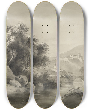 Triptych art skateboard deck of Jeanjacques De Boissieu Flusslandschaft Mit Doppelbogenbrcke Und Kreuz by Jean-Jacques de Boissieu (1736-1810)