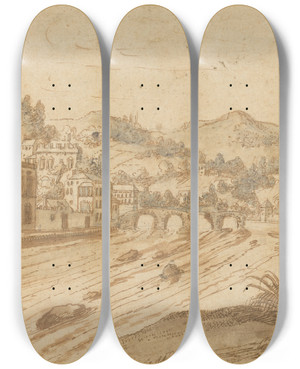 Triptych art skateboard deck of Pieter Stevens River View by Pieter Stevens (1567-1624)