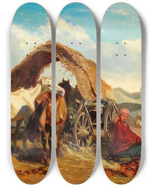 Triptych art skateboard deck of Alexander Von Bensa Markttag by Alexander Von Bensa (1820-1902)