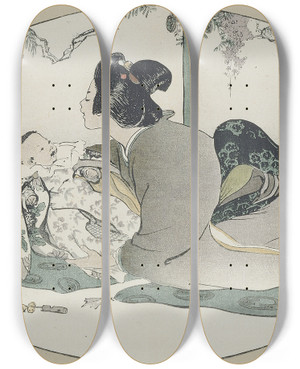 Triptych art skateboard deck of Helen Hyde Baby Talk by Helen Hyde (1868-1919)