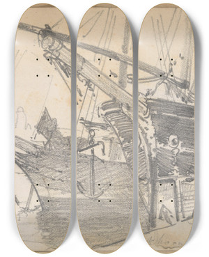 Triptych art skateboard deck of John Singer Sargent Schooner And Bark In Harbor by John Singer Sargent (1856-1925)