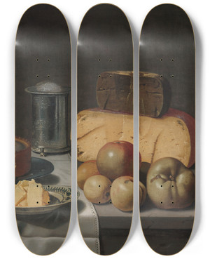 Triptych art skateboard deck of Floris Van Schooten A Dutch Breakfast by Floris Van Schooten (1590-1655)