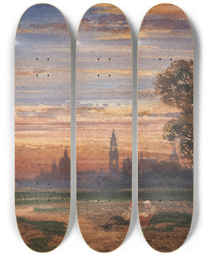 Triptych art skateboard deck of William Wyld Dresden At Sunset by William Wyld (1806-1889)