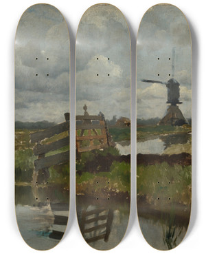 Triptych art skateboard deck of Hermann Baisch Hollndische Landschaft Mit Windmhle by Hermann Baisch (1846-1894)