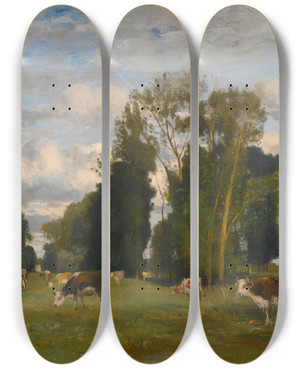 Triptych art skateboard deck of Eugen Jettel Grazing Cows On A Meadow by Eugen Jettel (1845-1901)