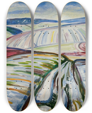 Triptych art skateboard deck of Edvard Munch Field In Snow by Edvard Munch (1863-1944)