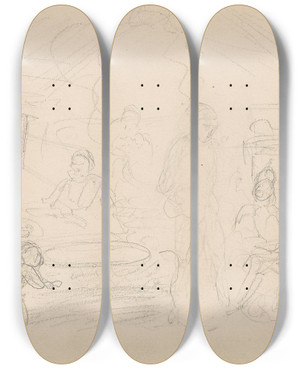 Triptych art skateboard deck of Adolph Tidemand Figurer I Et Ildhus by Adolph Tidemand (1814-1876)