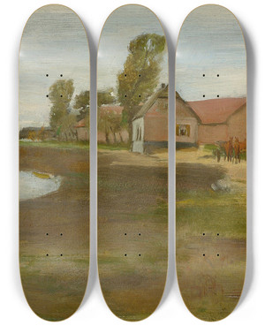 Triptych art skateboard deck of Max Liebermann Dorfstrae In Militsch Landschaft Mit Teich by Max Liebermann (1847-1935)