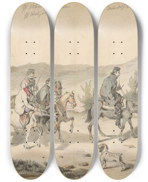 Triptych art skateboard deck of Friedrich Carl Von Scheidlin Trip On Horses by Friedrich Carl Von Scheidlin (1822-1913)