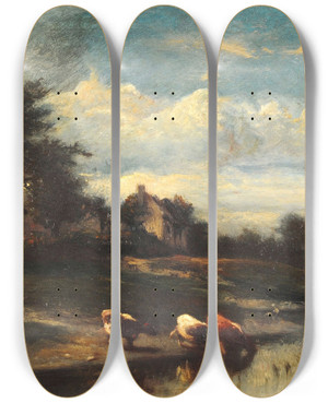 Triptych art skateboard deck of Jules Dupr A Orillas Del Ro by Jules Dupre (1811-1889)