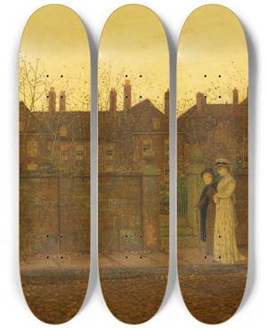 Triptych art skateboard deck of John Atkinson Grimshaw In The Golden Gloaming by John Atkinson Grimshaw (1836-1893)