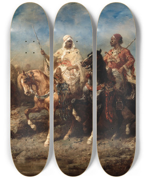 Triptych art skateboard deck of Adolf Schreyer Arabs by Adolf Schreyer (1828-1899)