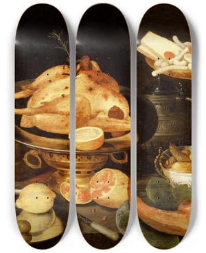 Triptych art skateboard deck of Peter Binoit Still Life With A Meal by Peter Binoit (1590-1632)