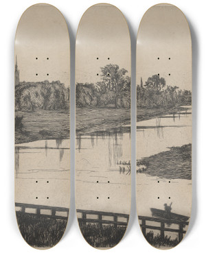 Triptych art skateboard deck of Edwin Edwards A Town by Edwin Edwards